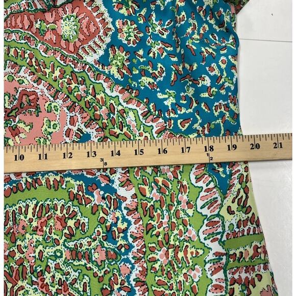 Talbots 100% Silk Paisley Short Sleeve Shift Dress Turquoise Green Coral 12 - Picture 10 of 12